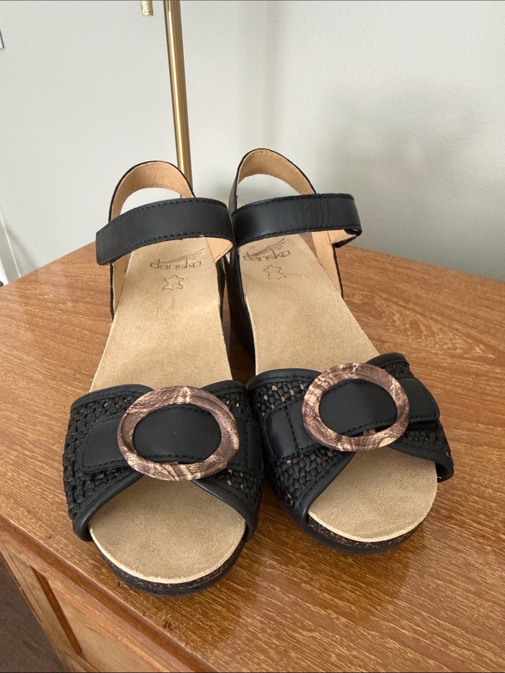 Dansko Black Wedge Sandals with Decorative Bronze-Tone Buckles
